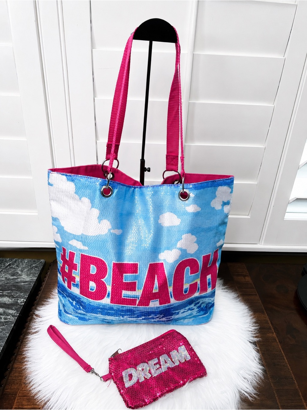 Tote & Wristlet Sequins Bags #BEACH Pink & Blue Tote Bag W/Wristlet Hot PinkNWOT